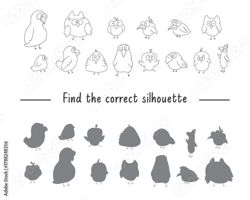 Matching game for children with cute birds, Logical activities for kids, match the birds with silhouette. Vector illustration