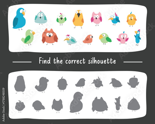 Matching game for children with cute birds, Logical activities for kids, match the birds with silhouette. Vector illustration