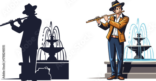 Street musician playing flute near water fountain, artistic vector illustration, urban performer silhouette, city life art, and modern design
