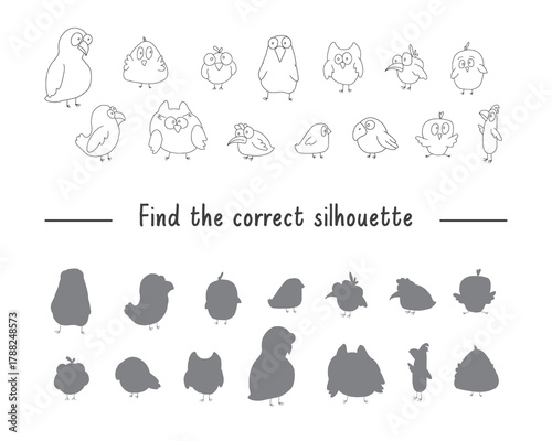 Matching game for children with cute birds, Logical activities for kids, match the birds with silhouette. Vector illustration