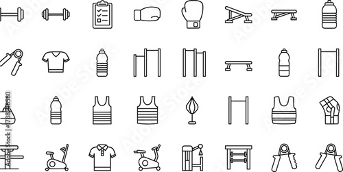 Fitness icon set, gym equipment outline, workout gear and apparel, cad drawing flat vector illustration