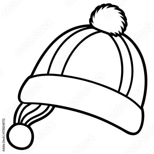 Black and white line drawing of a pom pom beanie hat