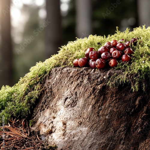 Mossy log with berries in forest light