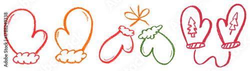 Christmas Gloves Crayon Chalk Drawing Doodle Vector Set