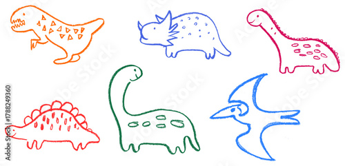 Cute Dinosaurs Crayon Chalk Drawing Doodle Vector Set