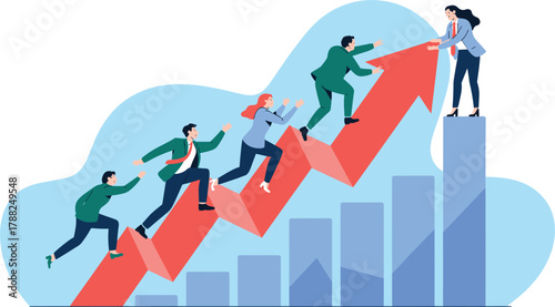 Team climbing red arrow graph to success 