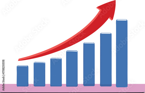 Blue Bar Graph With Red Upward Arrow bar chart rising
