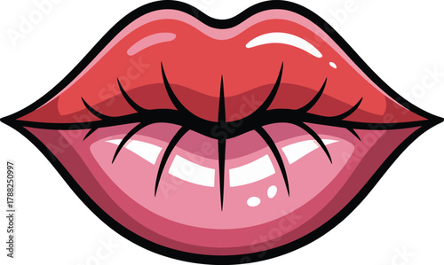 Illustration of a pair of glossy red lips with black outline.