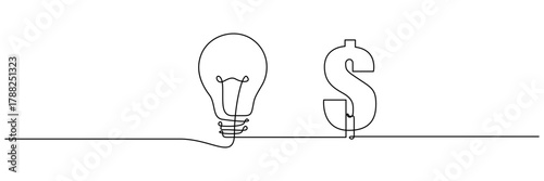 Continuous one line drawing of electric light bulb with dollar sign vector illustration. Isolated on transparent background