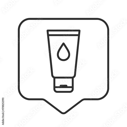 Minimalist line vector of a cream tube with droplet in square pin shape, representing moisture care, facial treatment, and skin health.