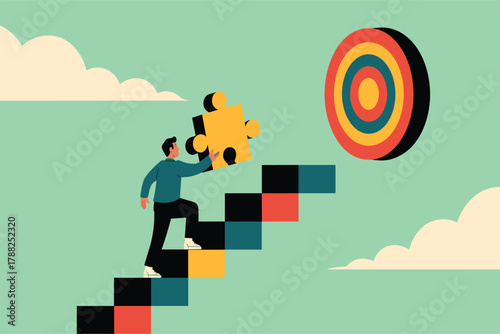 Man climbing colorful stairs with puzzle piece towards target 
