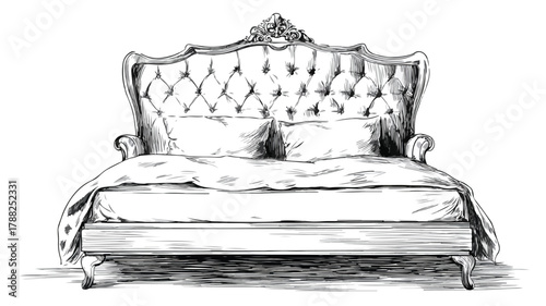 Elegant Monochrome Bed with White Headboard Vector Illustration