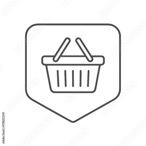 Thin-line shopping basket icon inside a square pin, symbolizing retail and purchase. Perfect for e-commerce systems, supermarket visuals, and online shopping designs.
