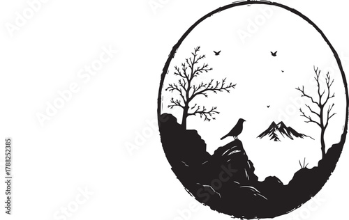 Black and white circular silhouette of bird on rock with trees and mountains in peaceful nature landscape