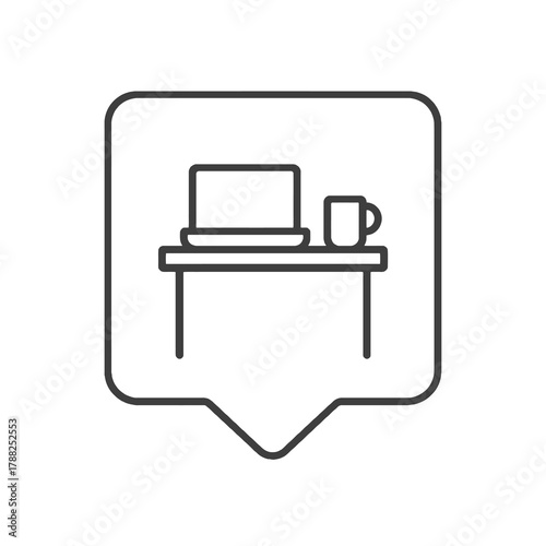 Thin-line laptop on desk with coffee cup icon inside a square pin, symbolizing focus and productivity. Perfect for coworking designs and remote work visuals.