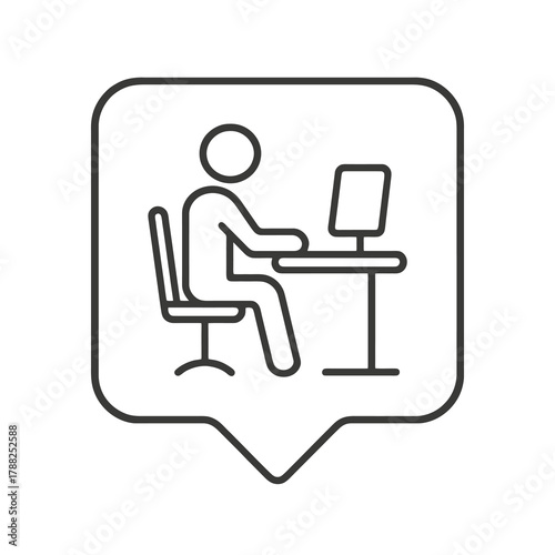 Thin-line employee at desk icon inside a square pin, symbolizing work and productivity. Perfect for office dashboards, coworking visuals, and HR systems.
