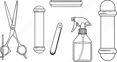 Barber tool icons, hair cutting scissors, spray bottle, straight razor, rollers, salon equipment, grooming vector set illustration