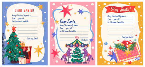 Set of New Year and Christmas letters. Vector Santa message template. Mail from children or kids to Claus. Merry Xmas gift or present child request. December writing for winter festive or holiday.