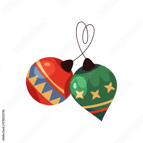 Vector new year tree toys. Christmas bauble ornament. Winter cartoon bubble for holiday or festive. Classic or vintage glass balls with stars. Celebration accessory for Xmas. Seasonal festival decor.