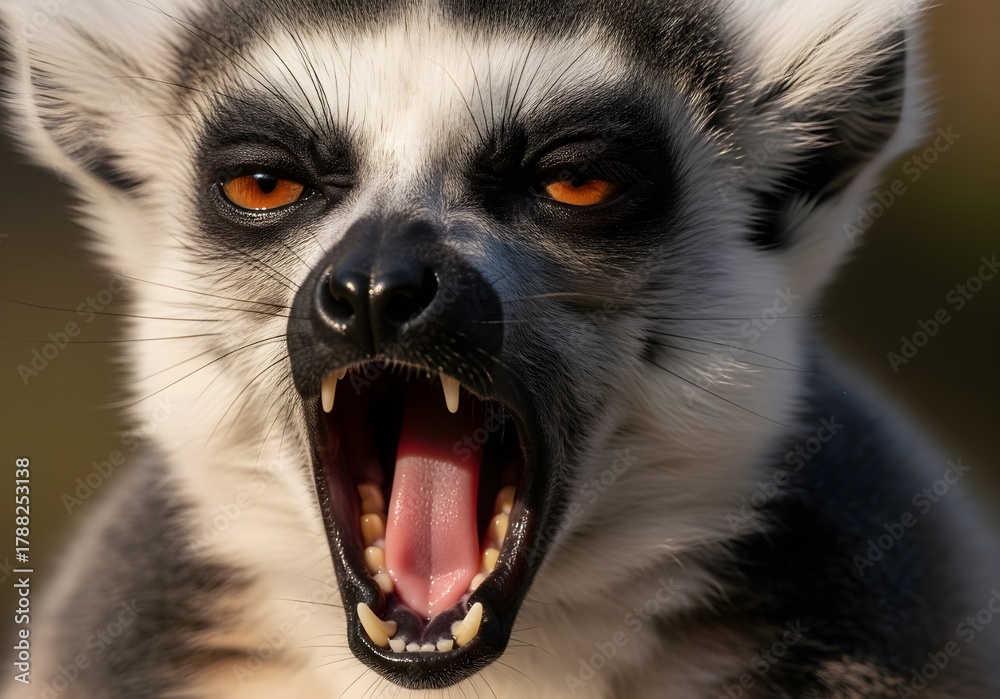 Obraz premium Portrait of a cute ring-tailed lemur, Lemur catta, with striking eyes and a long black and white tail, highlighting the endangered wildlife of Madagascar