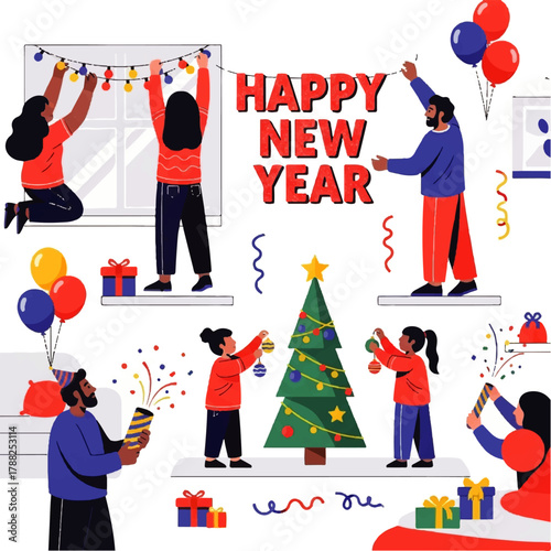 Happy New Year Celebration Family Decorating Christmas Tree.