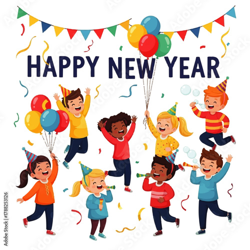 Joyful Children Celebrating Happy New Year with Balloons.