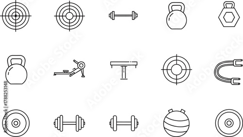 Gym equipment icon set, fitness gear silhouette, workout tools collection, cad drawing flat vector illustration