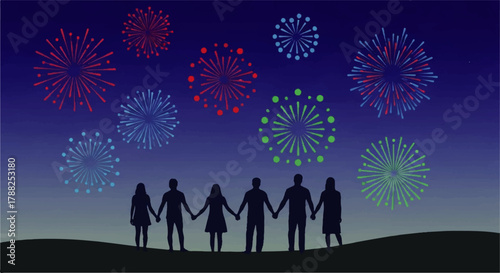 Silhouettes of People Holding Hands Watching Fireworks Display.
