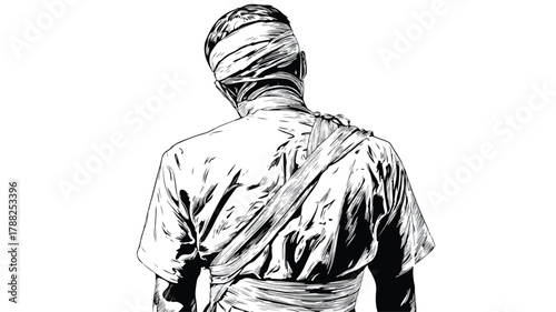 Black and White Drawing of a Man with Bandage, Medical Concept