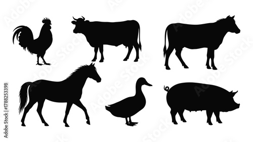 Farm animal silhouettes collection isolated on white background, Vector