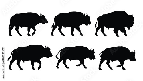 Bison and buffalo silhouette collection isolated on white background, Vector
