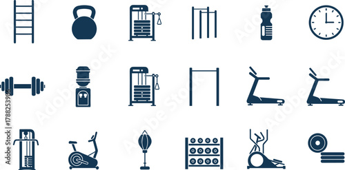 Gym equipment icon set, fitness machine silhouette, workout accessory collection, cad drawing flat vector illustration