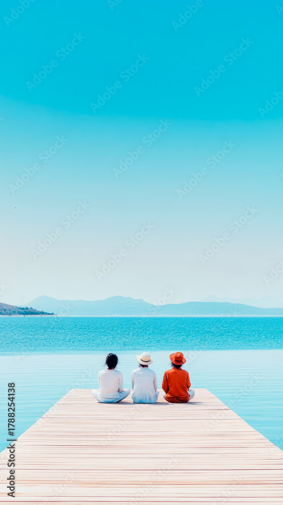 Fototapeta premium Three people from behind, sitting on wooden dock over serene blue waters, looking at distant horizon and mountains under clear sky