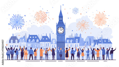 This flat design illustration depicts the exhilarating moment of a New Year's Eve countdown in a European city, complete with fireworks and celebrating crowds. 
