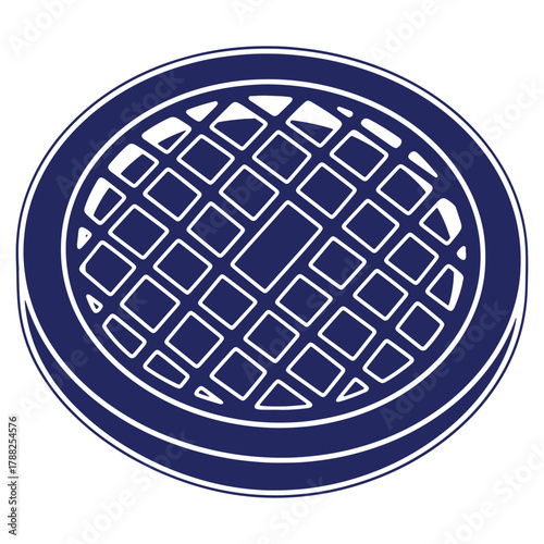 Stylized illustration of a manhole cover with a grid pattern and solid color background for urban infrastructure visuals