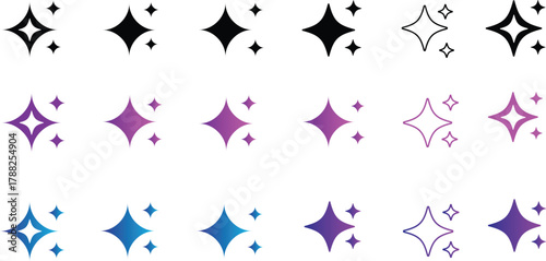 Sparkle star icon set. Sparkle, stars or shine icon set vector collection of different stars in black color. Shine icon. AI generated star icons collection. Artificial Intelligence sparkle symbol