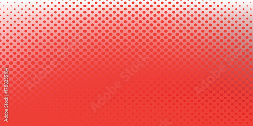 Red color halftone gradient texture. Vanishing cartoon polka dot background. Repeating dotted gradation pattern. Fading comic pop art overlay backdrop. Raster halftone effect wallpaper. Vector