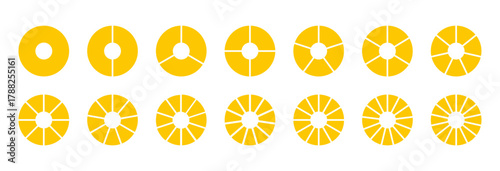 Circle division on 1, 2, 3, 4, 5, 6, 7, 8, 9, 10, 11, 12, 13, 14 equal parts. Coaching tool. Wheel life round divided diagrams with segments. Segmented pinwheel yellow. Infographic blank progress icon