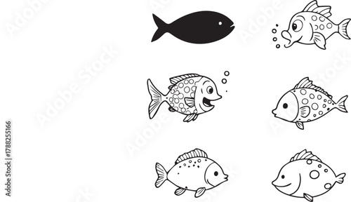Fish silhouette matching puzzle with five outlined fish variations in black and white activity style