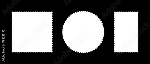 Postage stamp template frames. Empty borders, backdrops for postcards, letters. Tags, labels, coupons mockup. Circle, rectangular vintage blank stamps. Boxes with curvy, wiggly, wavy perforated edges.
