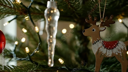 Close up of festive christmas tree ornaments