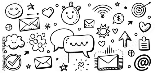 Hand drawn vector set icon symbol illustration of alphabet numbers arrows and communication elements for web mail internet design