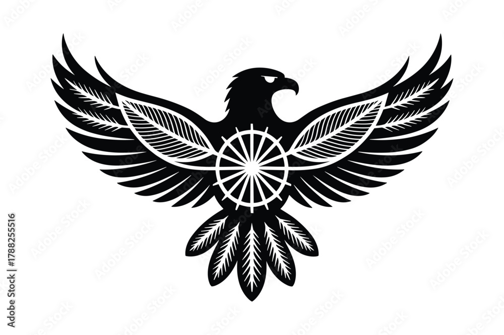 Fototapeta premium Silhouette Black eagle with outstretched wings and feathered details centered on a white background