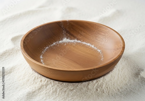 Rustic wooden bowl with sprinkle of flour on floury background surface