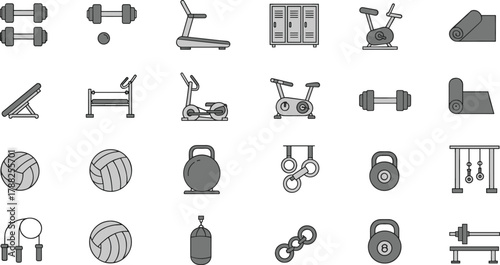 Gym equipment, fitness icon, workout gear, exercise tools, wellness items, cad drawing flat vector illustration
