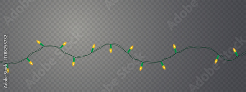 A string of glowing yellow Christmas lights arranged in loops on a white background, creating a festive and cheerful holiday atmosphere. Christmas bulbs twinkle with shine illustration 