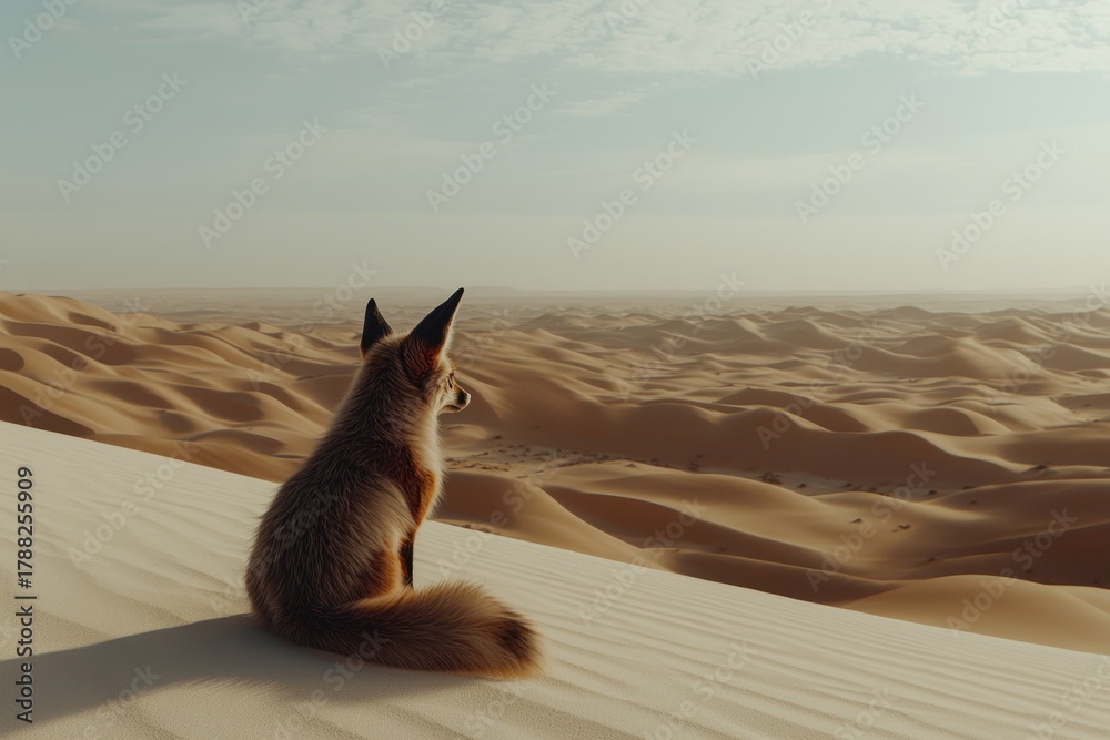 Fototapeta premium Fox perched on dune, gazing at vast, undulating desert landscape under a pale sky