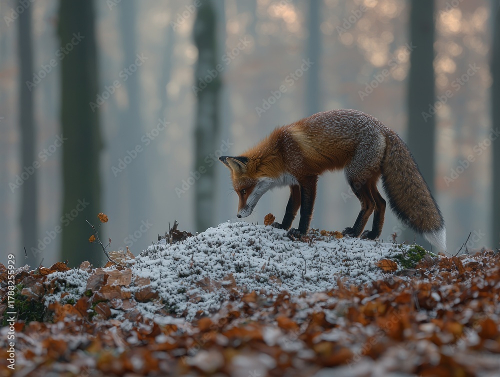 Obraz premium Fox atop snow-dusted mound in misty forest with fallen autumn leaves