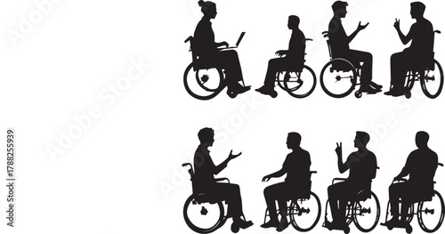 Silhouettes of people interacting with wheelchair users in inclusive black and white illustration style