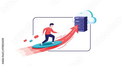 Man surfing on a rising red arrow towards a cloud server, illustrating concepts of fast data upload, migration, and digital transformation.